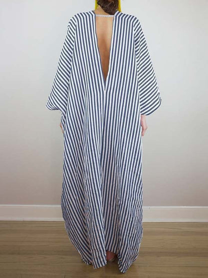 Batwing Sleeves Loose Striped V-back Deep V-neck Maxi Dresses