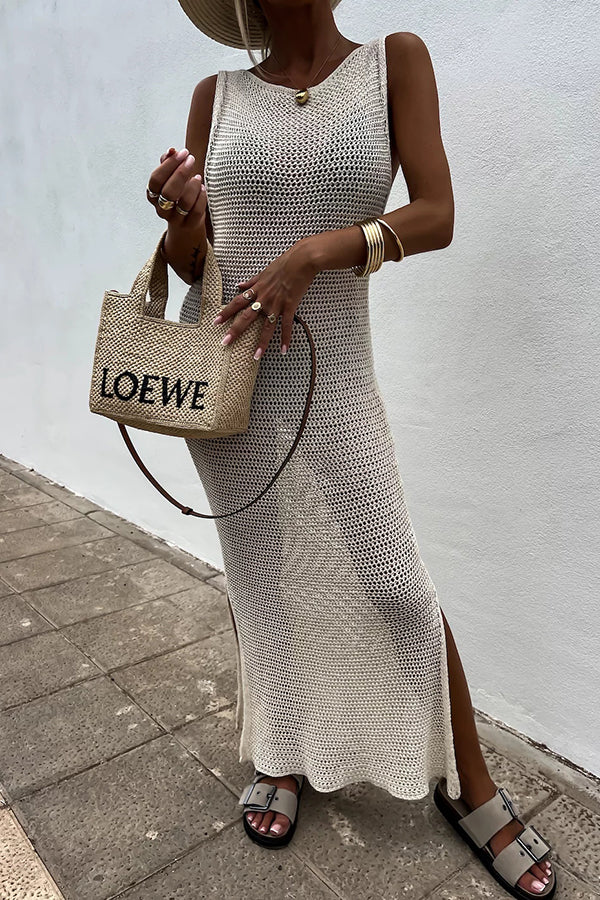 Color Knitted Cutout Slit Slim Fit Maxi Dress
