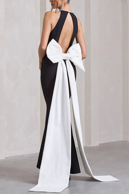 Statement Racer Neck Back Oversized Bow Hem Backless Maxi Dress