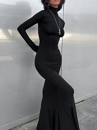 Bodycon Long Sleeves Color Split-joint High Neck Maxi Dresses