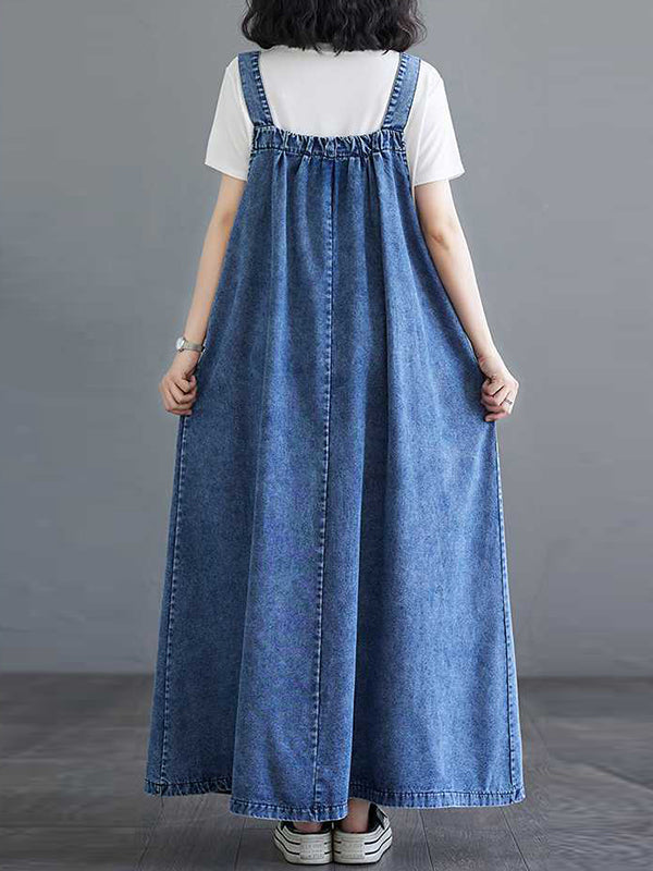 A-line Loose Pleated Pockets Split-joint Spaghetti-neck Maxi Dresses Suspender Dress
