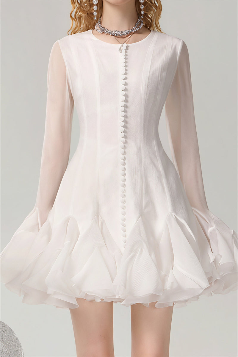 Buttoned Ruffled Long Puff Sleeve Mini Dress
