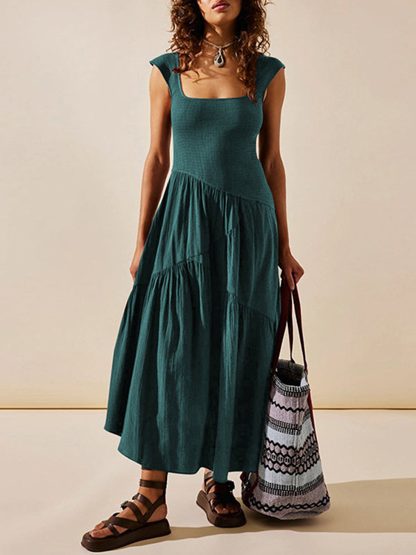 Loose Sleeveless Backless Elasticity Lace-up Pleated Color Split-joint Square-neck Maxi Dresses