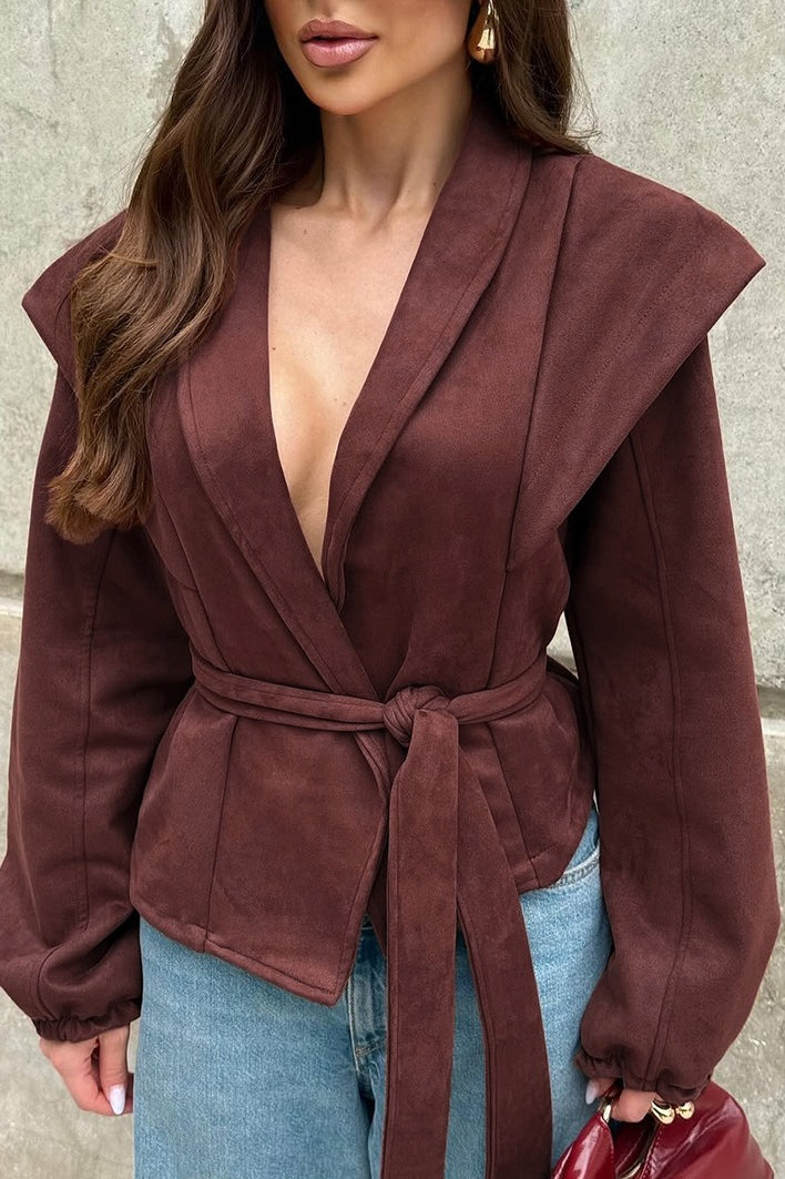Wine Red Suede Tie-waist V-neck Coat