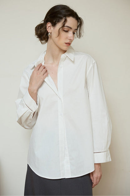 White High-density Cotton Long-sleeve Collared Blouse