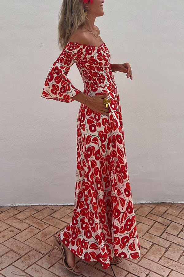 Vacation Style Fashionable Print Pleated One Shoulder Design Pocket Long Dress