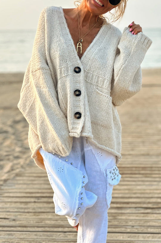 Color Loose Long Sleeve V-neck Pocket Knitted Sweater Cardigan