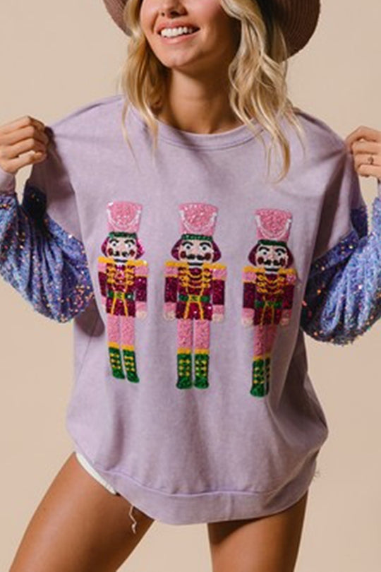 Christmas Loose Round Neck Sequined Sleeve Sweatshirt