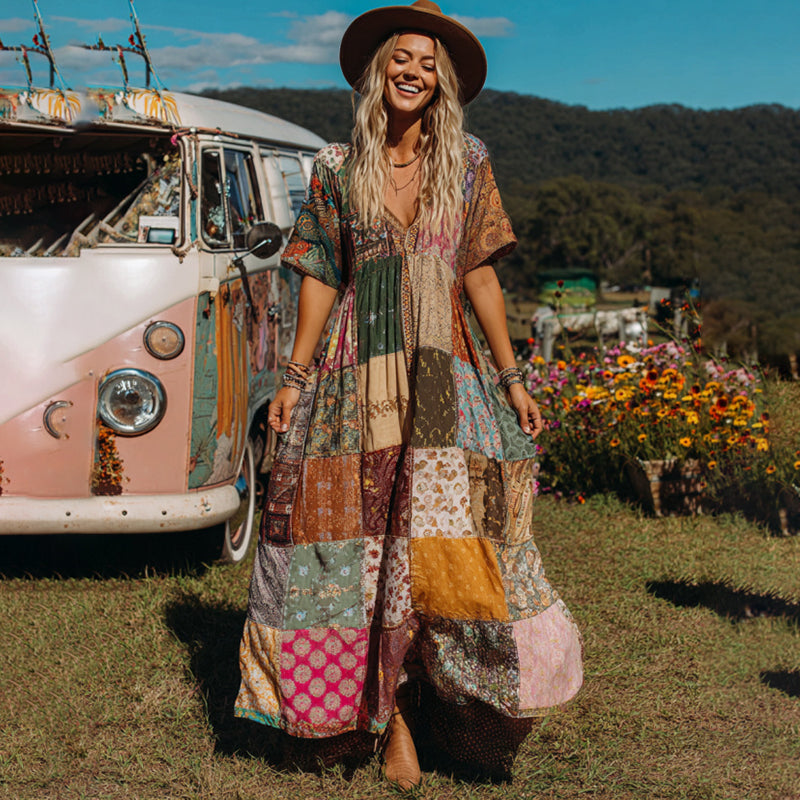 Countryside Style Collection Classy Patchwork Floral Pattern Art Linen Maxi Dress elevenforest