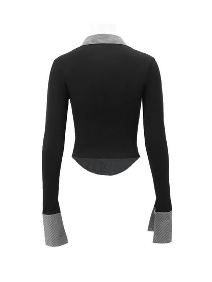Black Stripe Splice Polo Neck Long Sleeve Blouse