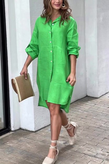 Linen Blend Long Sleeve Button-down Shirt Style Mini Dress