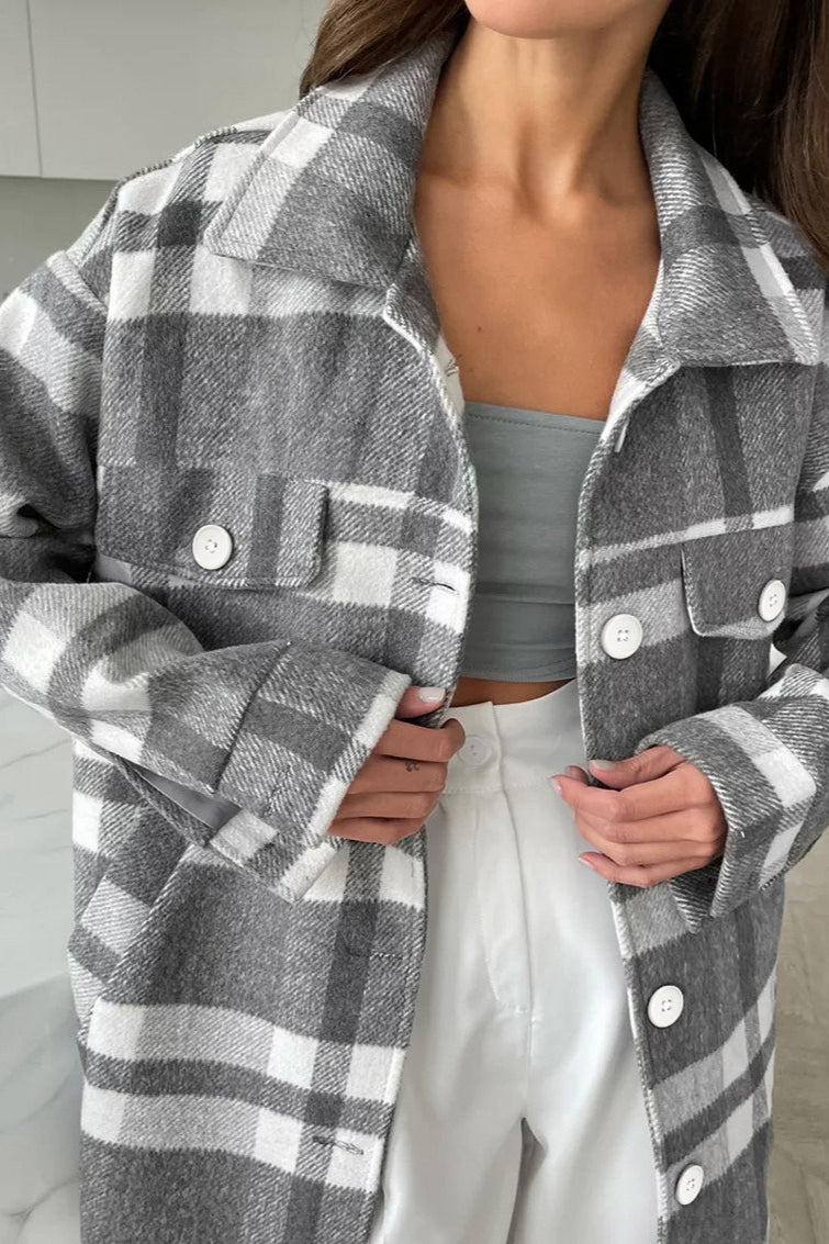 Woolen Plaid Belted Thick Coat