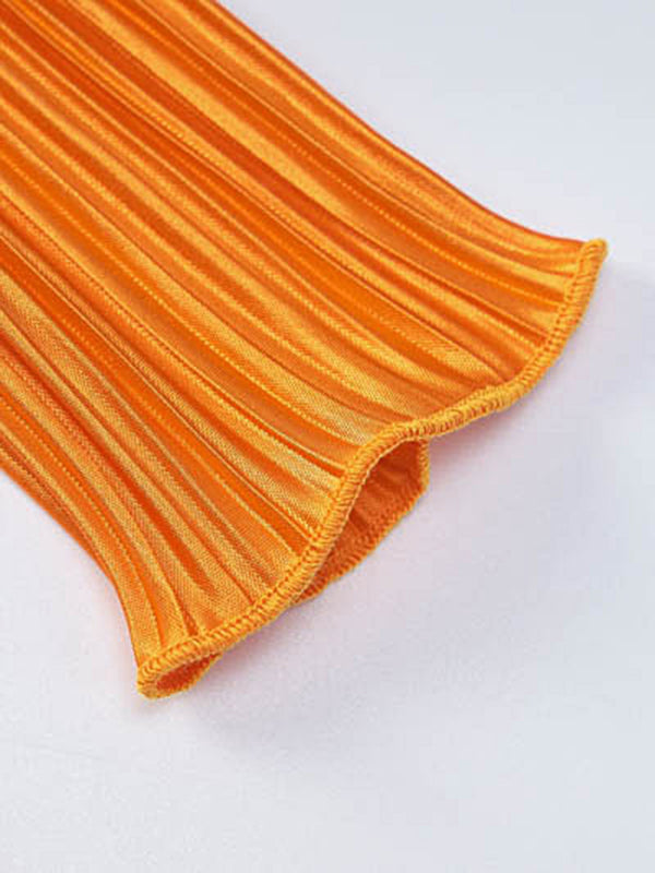 Long Sleeves Skinny Pleated Color Split-joint Round-neck Maxi Dresses