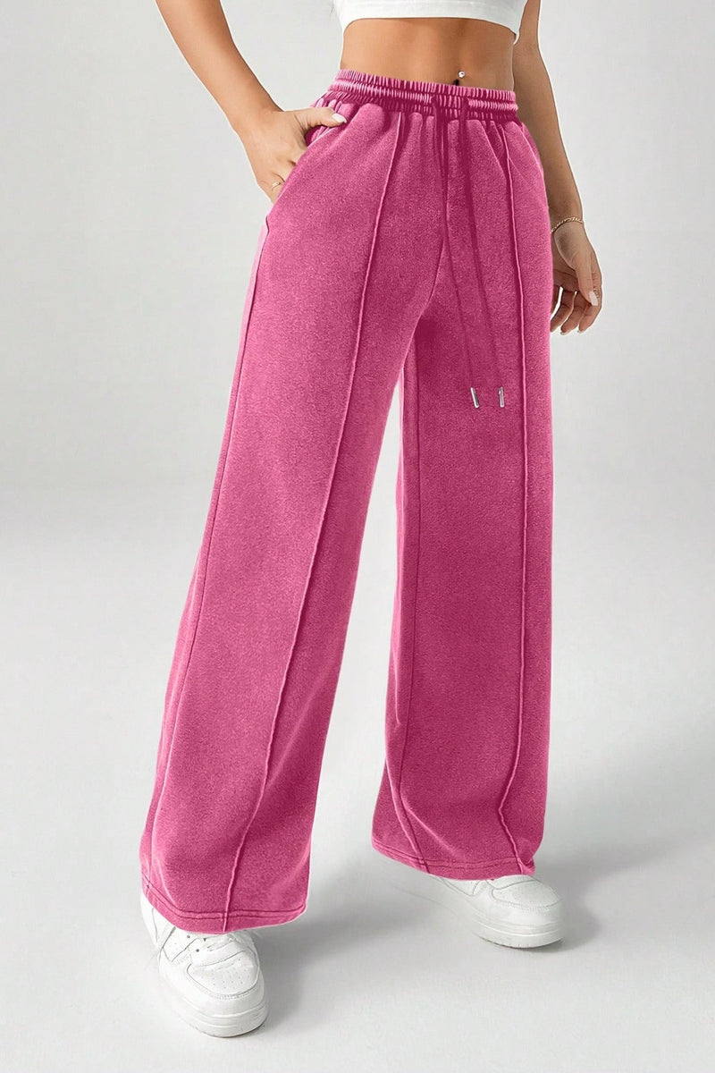 Color Drawstring Waist Wide Leg Sweat Pants