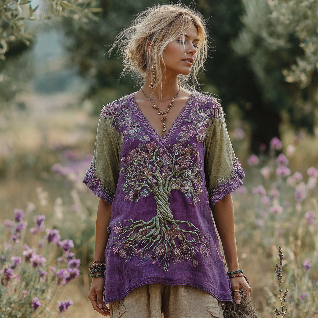 Vintage Tree Of Life Purple Floral Colorblock T-shirt elevenforest