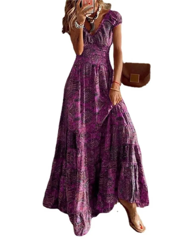 Print Long Dresses V-neck Elastic Waist Short Sleeves Vacation Style Dress Female Vestidos