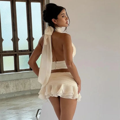 Deep V Backless Halter Top Flower Ruffled Skirt Suit Female Sleeelevess Summer New Club Party Two Pieces Set
