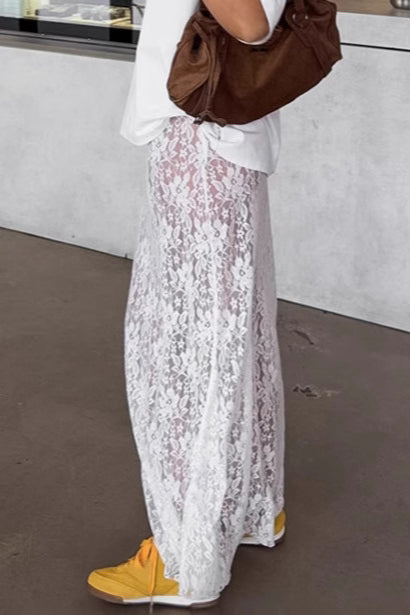 White Lace High Waist A-line Midi Skirt