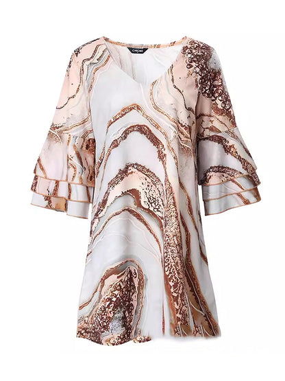 A-line Flared Sleeves Layered Printed Split-joint V-neck Mini Dresses