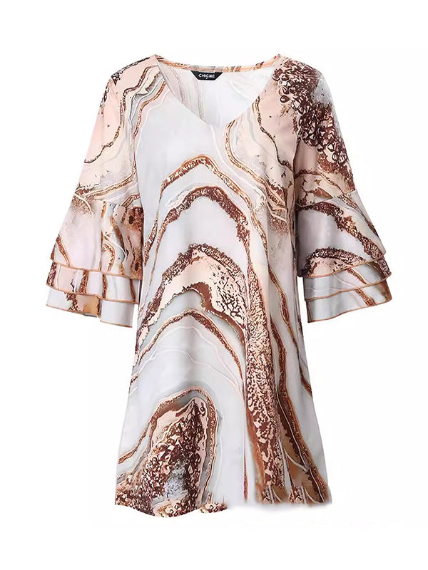 A-line Flared Sleeves Layered Printed Split-joint V-neck Mini Dresses