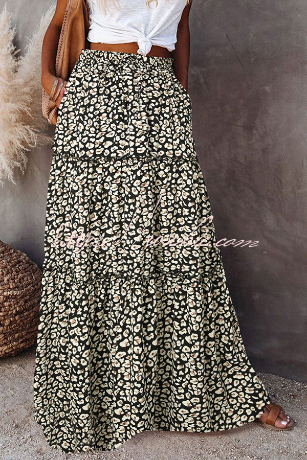 Print Stretch Elastic Waist Pocket High Waist Skirt