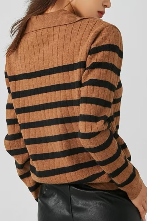 Lapel Loose Striped Knit Sweater