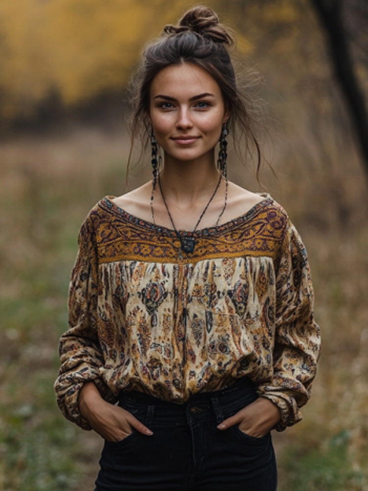 Women's Vintage Bohemian Print T-shirt elevenforest