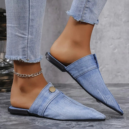 Flat Pointed Toe Denim Slippers