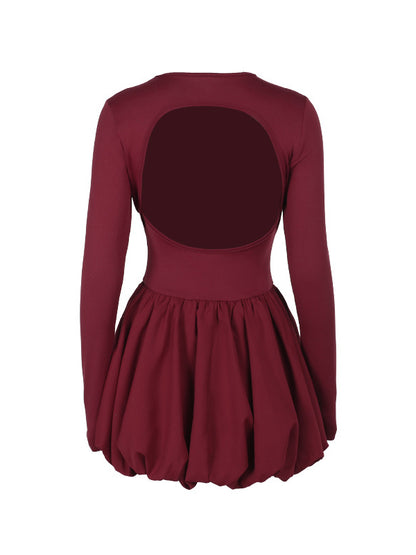 Long Sleeves Skinny Pleated Color Split-joint Round-neck Mini Dresses