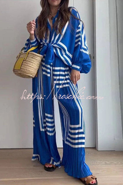 Vacation Attitude Geometric Print Oversized Shirt and Elasticated Wide Leg Pants