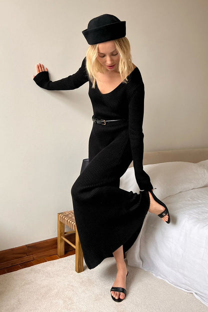 V-neck Long Sleeve Knit Sweater Dress