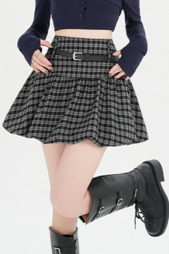 Plaid Bubble A-line Khaki Short Skirt