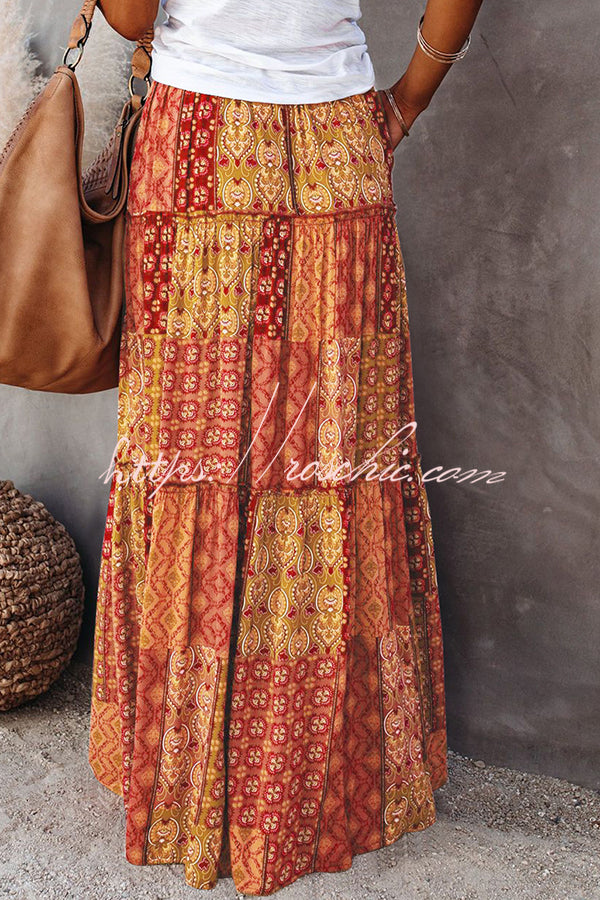 Print Stretch Elastic Waist Pocket High Waist Skirt
