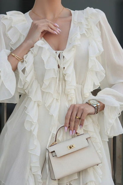 Ruffled Tie V Neck Long Sleeve a Line Mini Dress