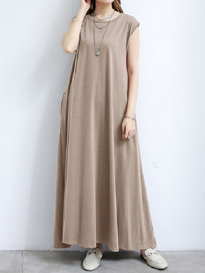 Simple Loose Sleeveless Color Round-neck Maxi Dresses
