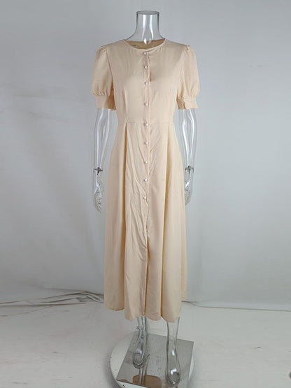 High Waisted Loose Buttoned Round-neck Midi Dresses