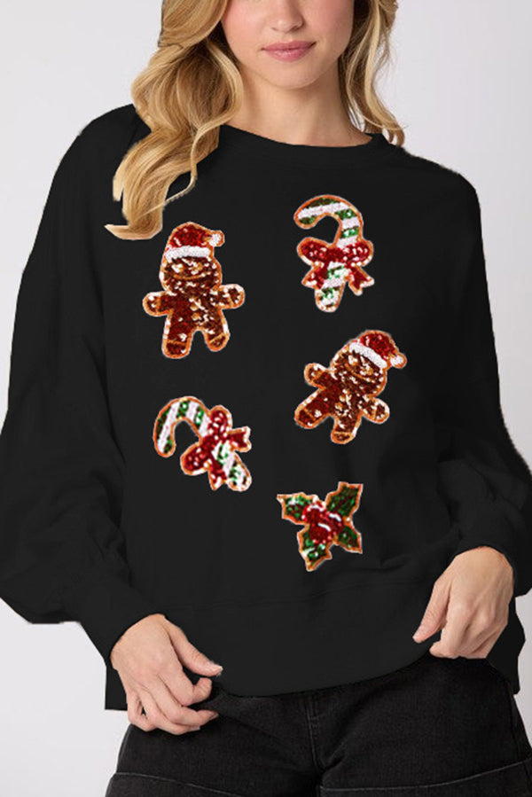 Christmas Gingerbread Man Sequin Long Sleeve Sweatshirt