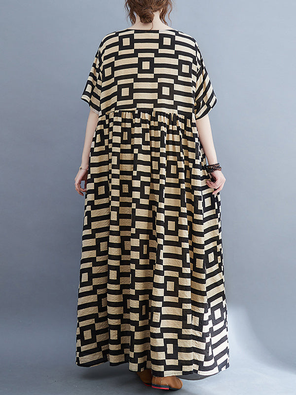 Loose Short Sleeves Plaid Round-neck Midi Dresses