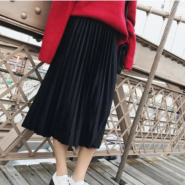 Spring Long Metallic Silver Maxi Pleated Skirt Midi Skirt High Waist Elascity Party Skirt
