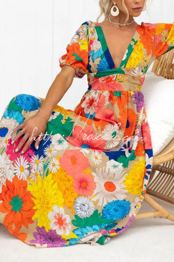 Frenzy Printed Puff Sleeve Back Smocked Maxi Dress