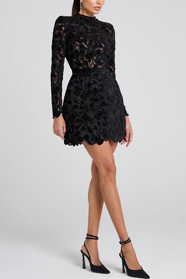 Lydia Embroidered Lace Long Sleeve Belt Tulip Shaped Mini Dress