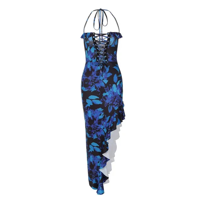 Irregular Hollow Backless Dresses Fashionable High Waist Slit Printed Long Dress Sleeveless Evening Dresses