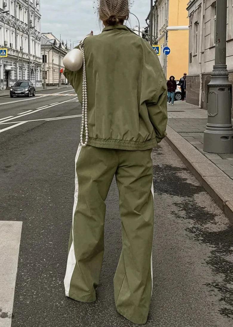 Urban Edge - Contrast Zip-up Jacket and Wide-leg Pants Set