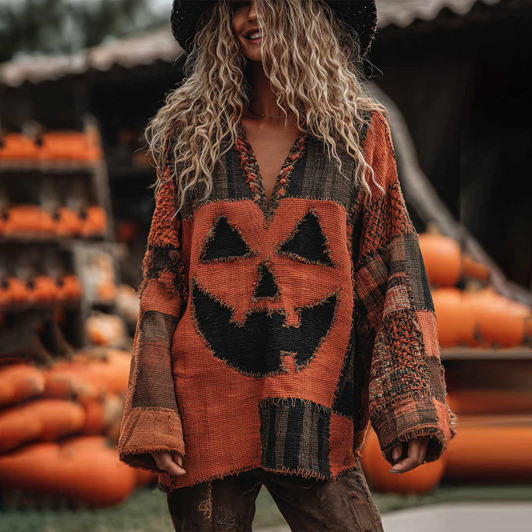 Vintage Patchwork Halloween Pumpkin Face Art Linen Shirt elevenforest