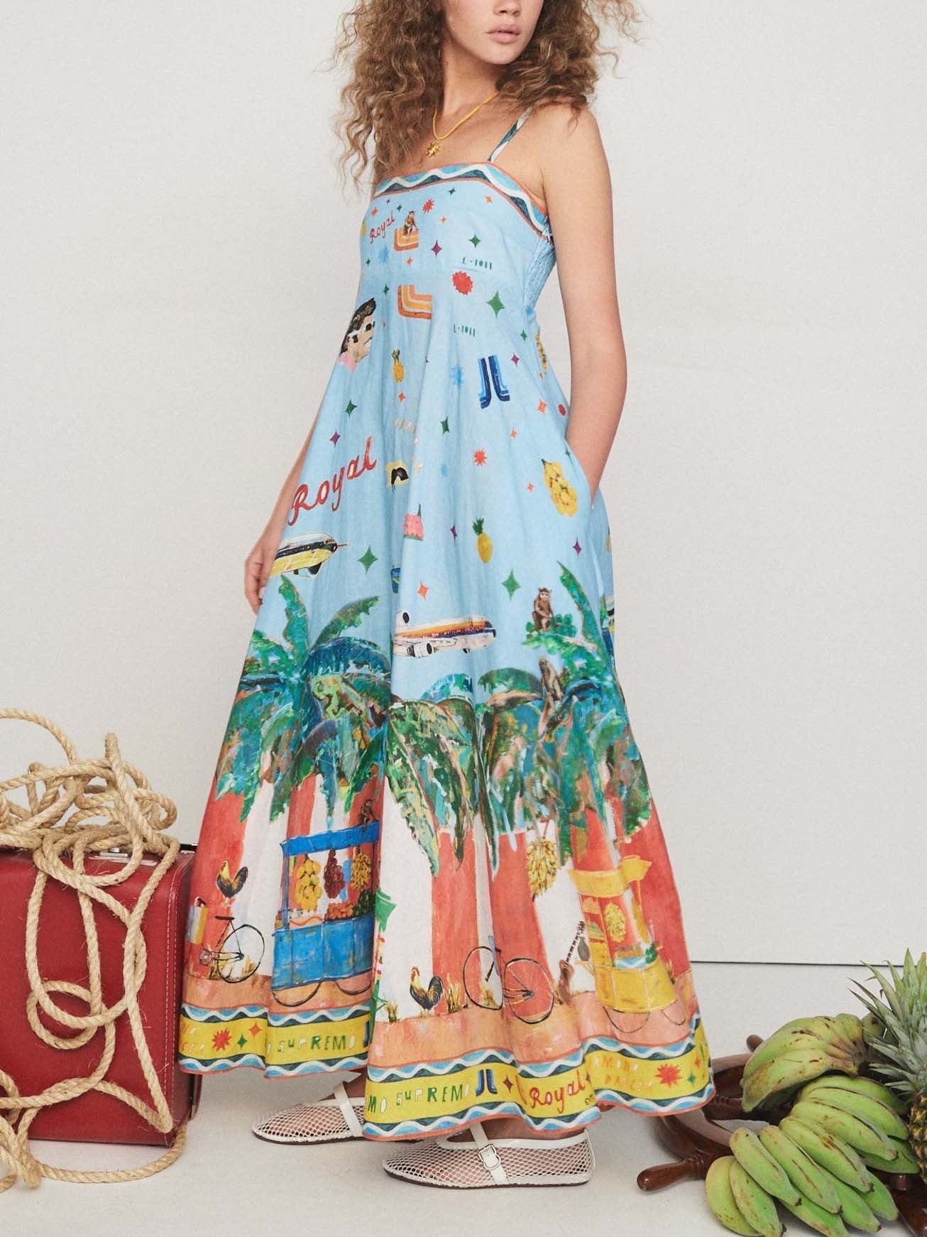 Unique Painted Island Print A-line Midi Dress