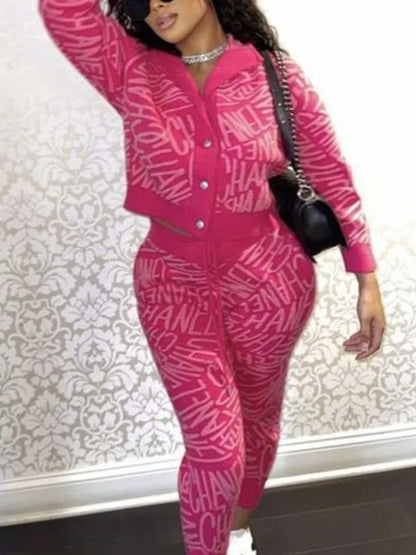 Hooded Collar Letter Print Pants Set Long Sleeve Crop Top Drawstring Trousers Two Piece for