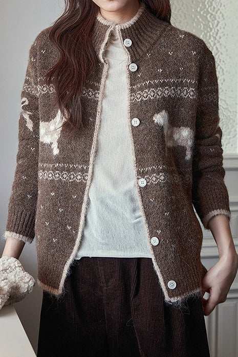 Stand Collar Puppy Print Jacquard Sweater