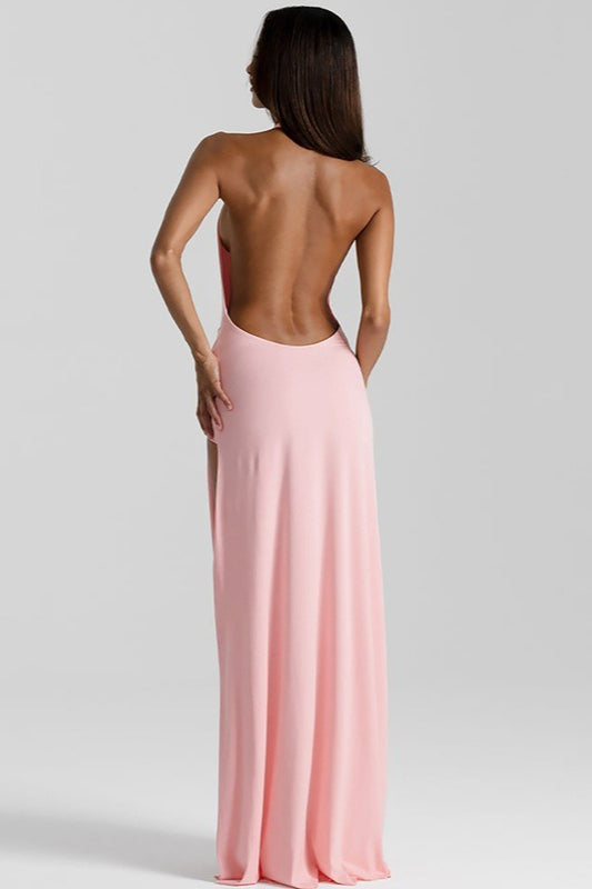 Halter Deep V Backless Slit Floor Maxi Dress