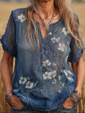 Embroidered Flower In Deep Blue Casual Short-sleeved Shirt elevenforest