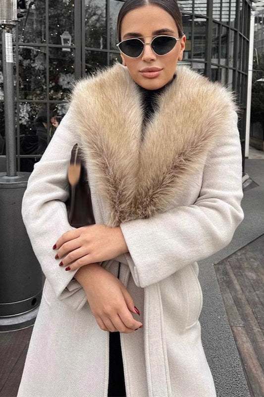 Wool Blend Long Fur Collar Overcoat